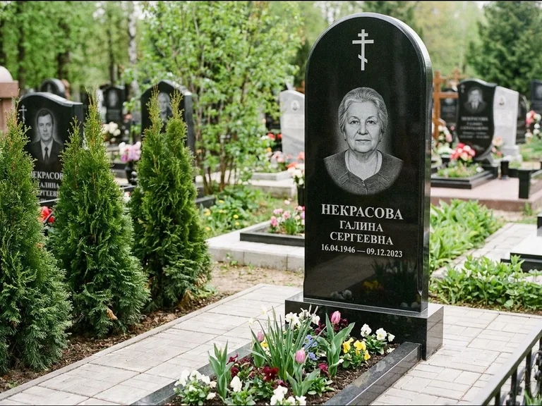 Памятник из чёрного гранита — стела с цветником-плитой с латинским крестом, работа «Лаврентьева» в Набережных Челнах