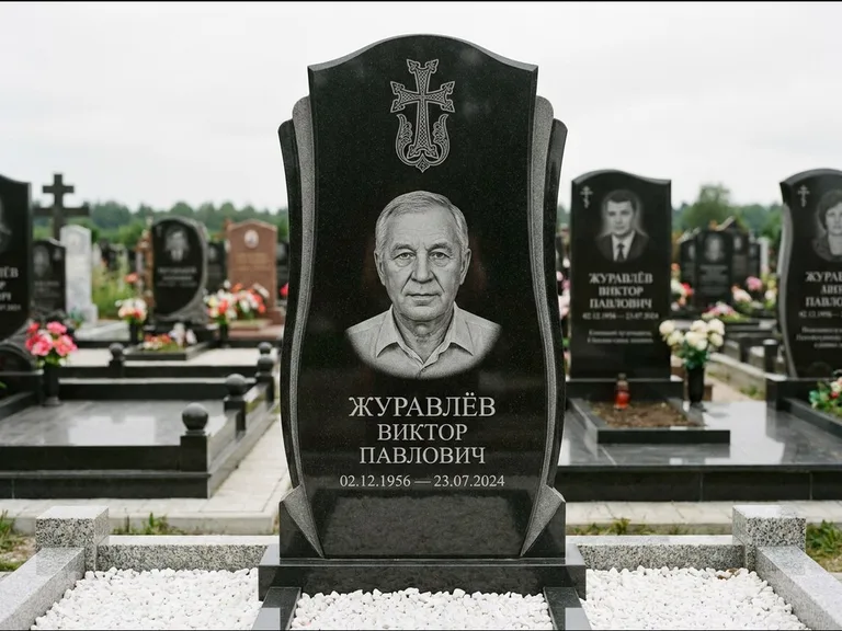 Памятник из чёрного гранита — панорамная стела с армянским хачкаром, работа «Тихонов» в Набережных Челнах