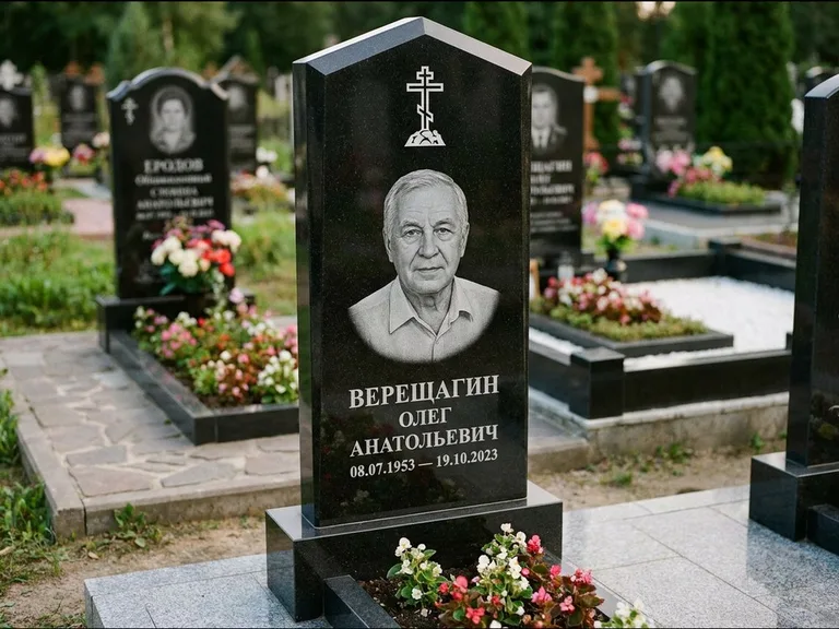 Памятник из чёрного гранита — обелиск-колонна с крестом на Голгофе, работа «Ковалёв» в Набережных Челнах