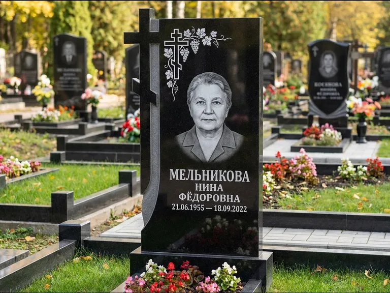 Памятник из чёрного гранита — стела с резной рамкой с крестом с распятием, работа «Некрасова» в Набережных Челнах