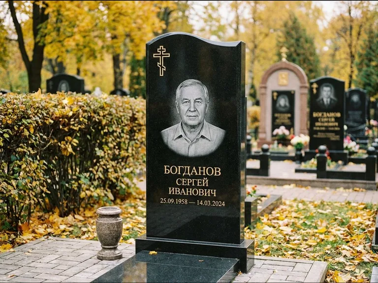 Памятник из чёрного гранита — стела с цветником с процветшим крестом с виноградной лозой, работа «Журавлёв» в Набережных Челнах