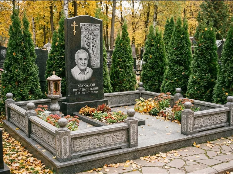 Памятник из чёрного гранита — стела с крестом и лампадой с армянским хачкаром, работа «Гущин» в Набережных Челнах