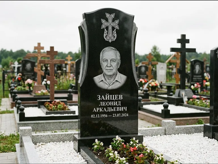 Памятник из чёрного гранита — семейная стела на двоих с армянским хачкаром, работа «Журавлёв» в Набережных Челнах
