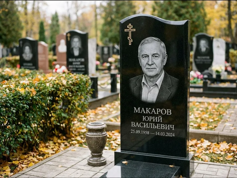 Памятник из чёрного гранита — фигурная стела с киот-нишей с процветшим крестом с виноградной лозой, работа «Богданов» в Набережных Челнах