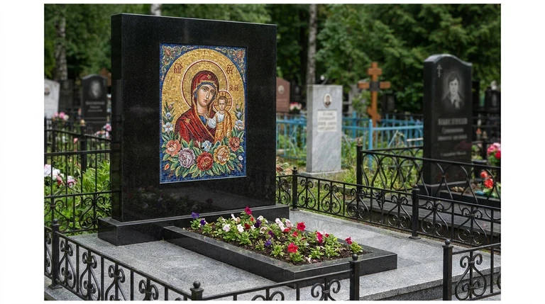 Мозаика на памятник в Набережных Челнах — цветное панно из смальты на чёрной гранитной стеле