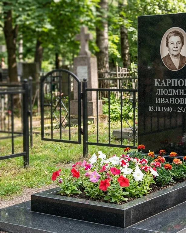 Памятник под ключ с низкой оградой и цветником в Набережных Челнах