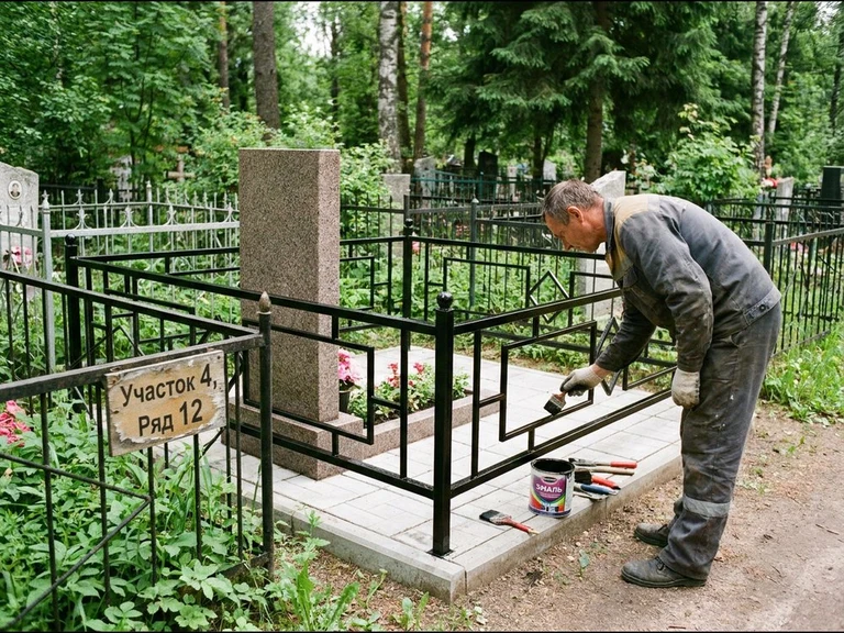 Покраска оградки на кладбище в Набережных Челнах — мастер красит металлическую ограду на могиле чёрной эмалью