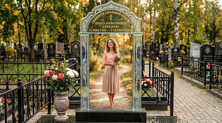 Портрет на стекле в форме арки на памятнике в Набережных Челнах