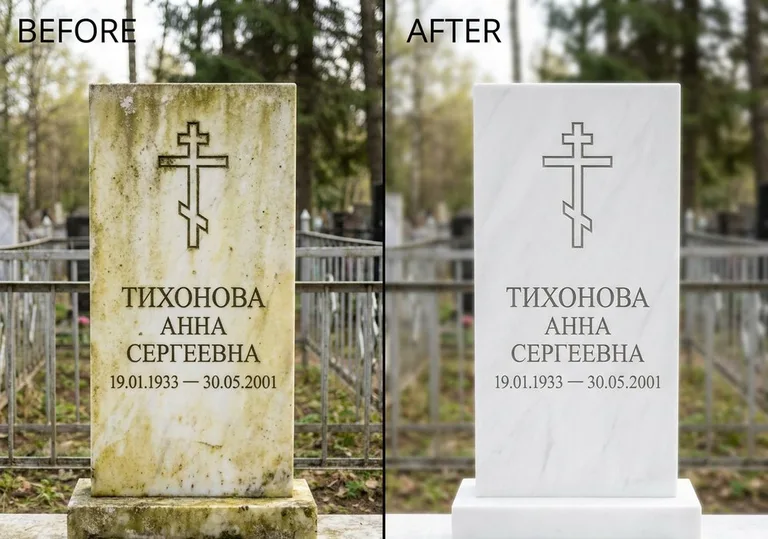Восстановление мраморного надгробия от желтизны: до и после в Набережных Челнах