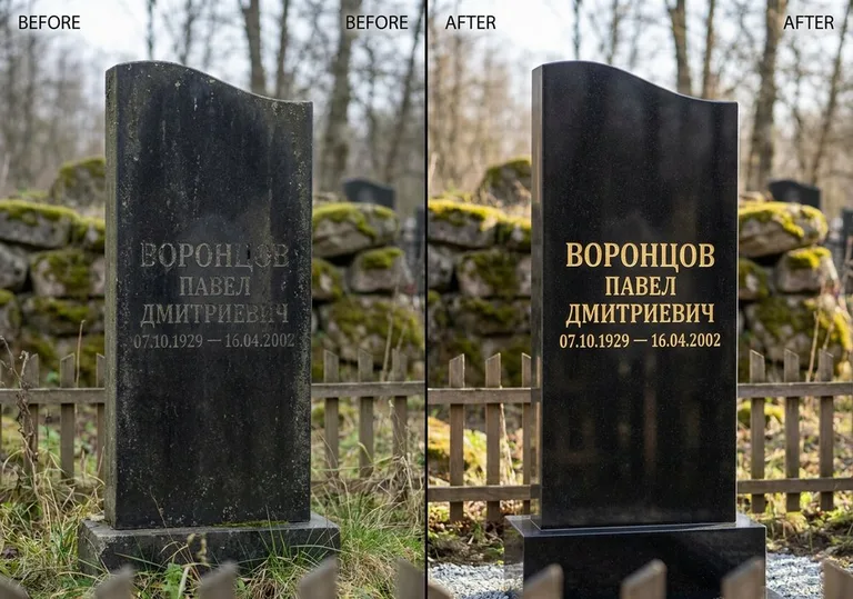 Золочение и обновление надписей на памятнике: до и после в Набережных Челнах