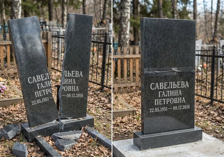 Склейка расколотого гранитного памятника: до и после в Набережных Челнах