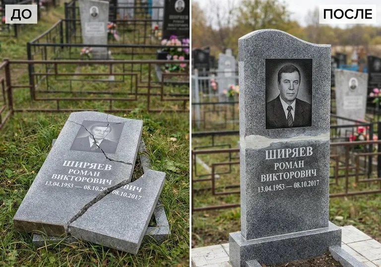Обновление золочёных букв на граните: до и после в Набережных Челнах