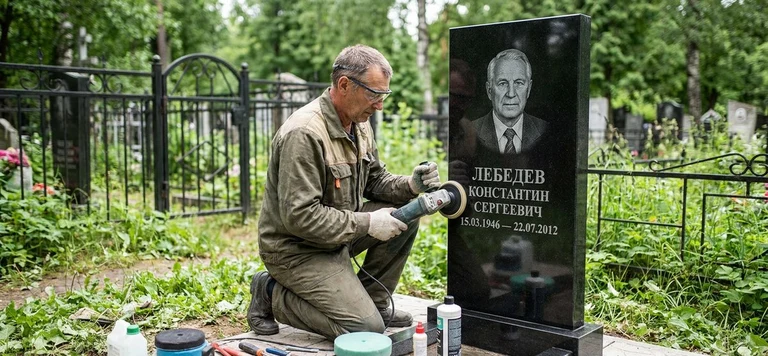 Реставрация памятника в Набережных Челнах — восстановление гранита, заделка трещин и обновление надписей на кладбище