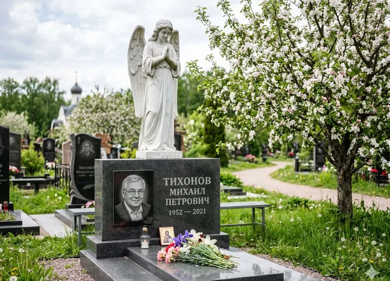 Мраморный молящийся ангел на гранитном памятнике весной в Набережных Челнах