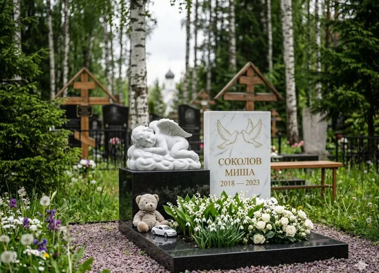 Белый ангелочек на детском памятнике в Набережных Челнах