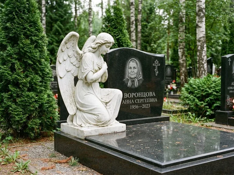 Белый мраморный ангел на гранитном памятнике в Набережных Челнах