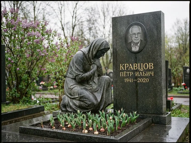 Гранитная скорбящая фигура у стелы на кладбище в Набережных Челнах