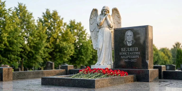 Скульптура на памятник в Набережных Челнах — мраморный ангел на гранитном мемориале