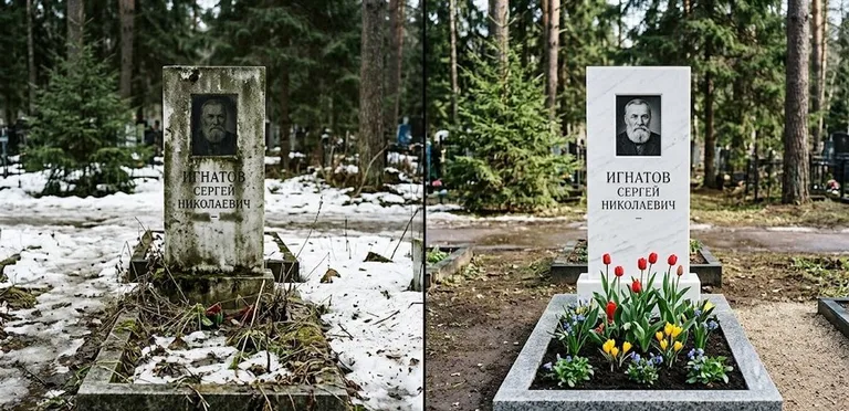 Диптих №6: высадка хризантем у подножия серого гранита — до и после уборки в Набережных Челнах