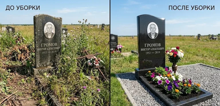 Уборка участка с обелиском до и после в Набережных Челнах