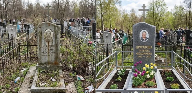Диптих №4: свежепокрашенная серебром оградка и отмытый красный гранит — до и после в Набережных Челнах