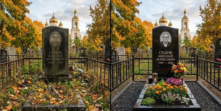 Уборка могилы до и после осенью — у церкви в Набережных Челнах