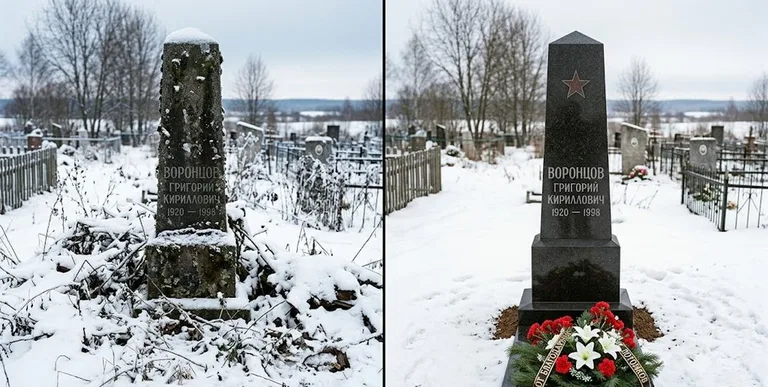 Уборка могилы до и после зимой — воинский обелиск в Набережных Челнах