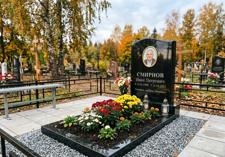 Ухоженная могила после уборки и мойки памятника в Набережных Челнах