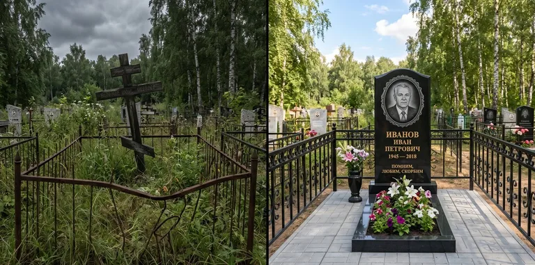 Благоустройство могилы до и после установки памятника в Набережных Челнах