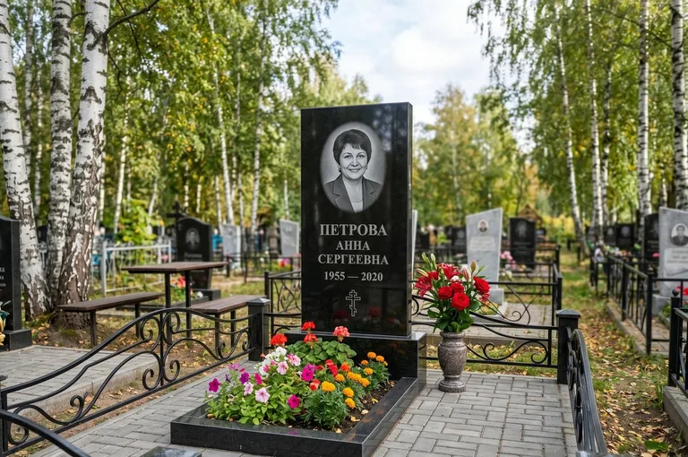 Гранитный памятник с цветником и плиткой в Набережных Челнах