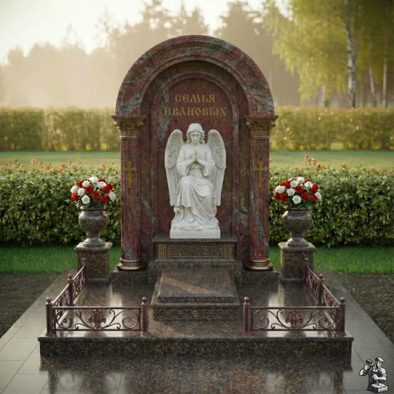 Семейный гранитный или мраморный склеп с ангелом, гранит Лезниковский