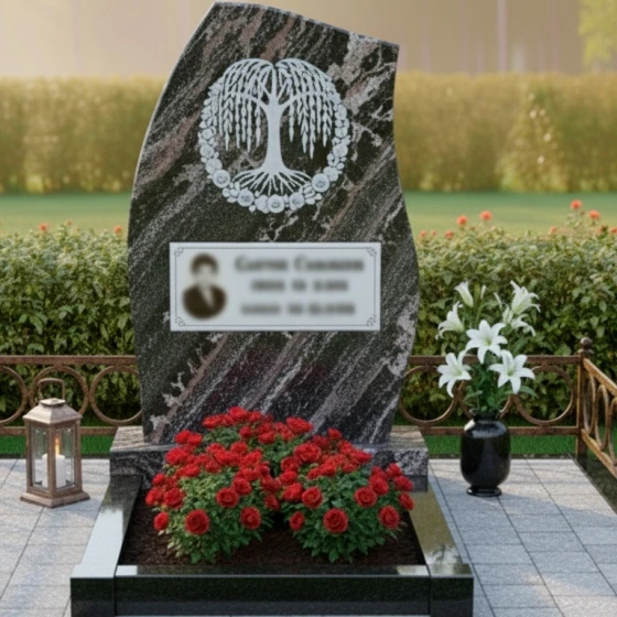 Гранитный памятник "Древо Жизни" с розами, гранит амфиболит