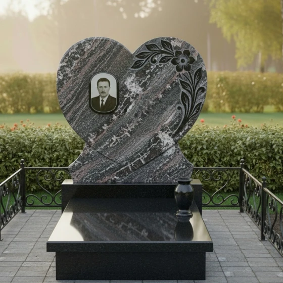 Гранитный памятник в форме сердца с цветочной резьбой, гранит амфиболит