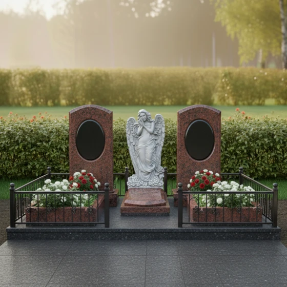 Элитный гранитный монумент со скорбящим ангелом, гранит Дымовский