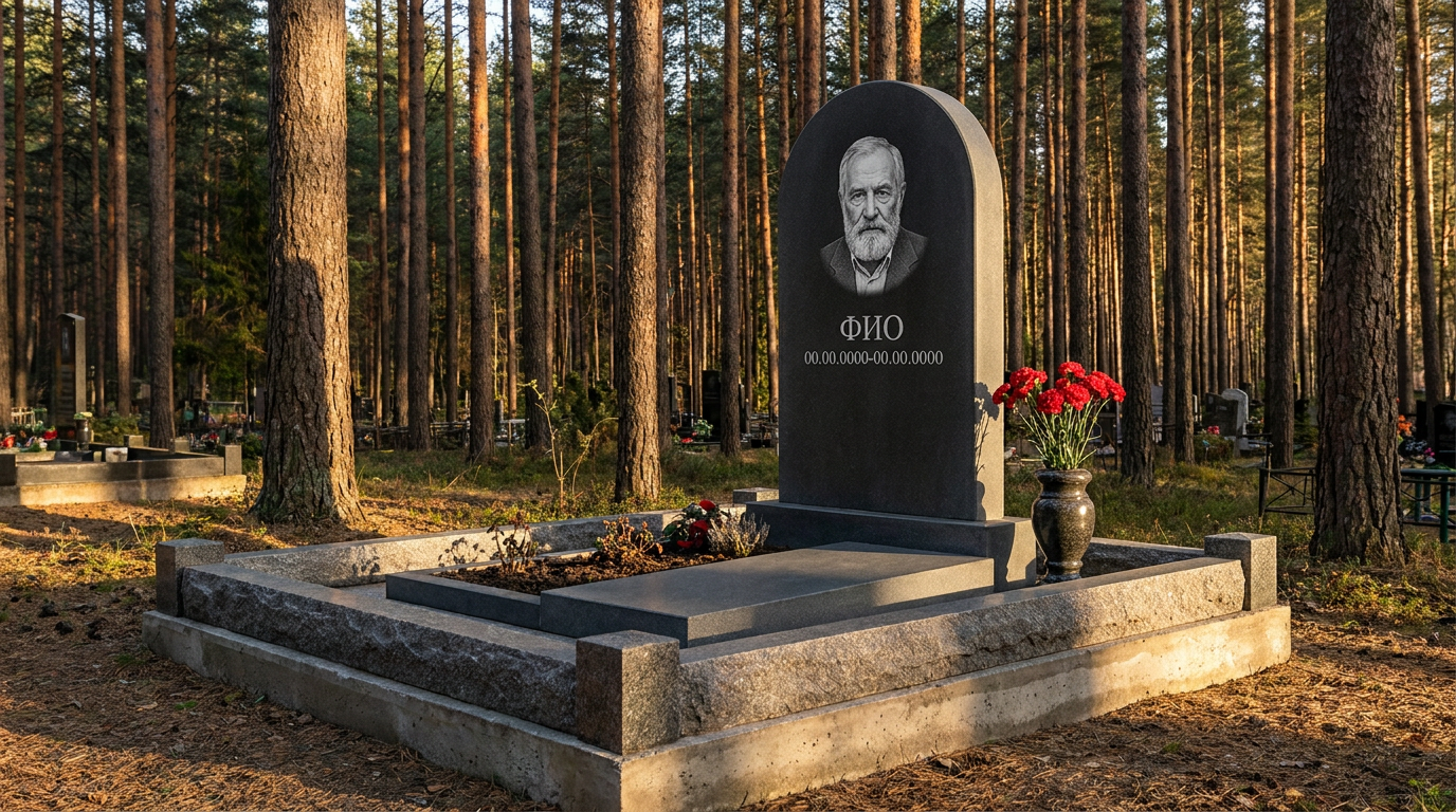 Пример дизайна: Памятник из тёмного базальта с арочным верхом