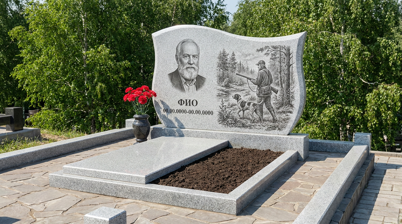 Пример дизайна: Гранитный памятник охотнику с аркой с лесной чащей