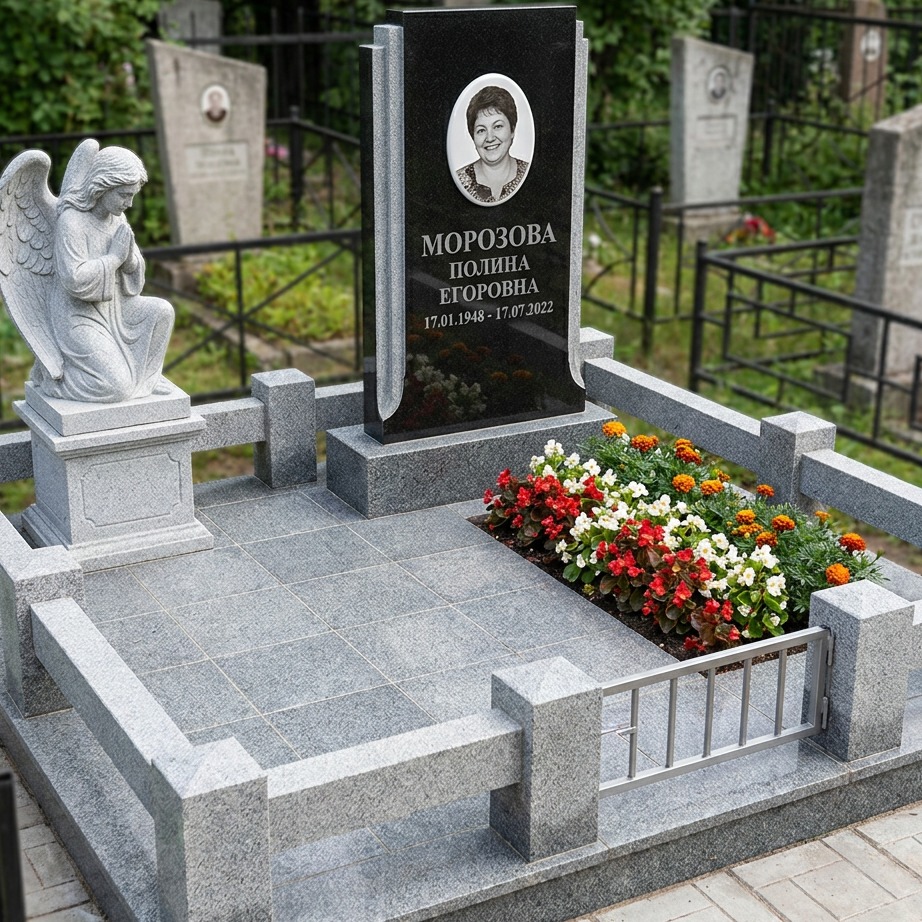 Пример дизайна: Памятник со скульптурой ангела из комбинированного гранита — фото и цена