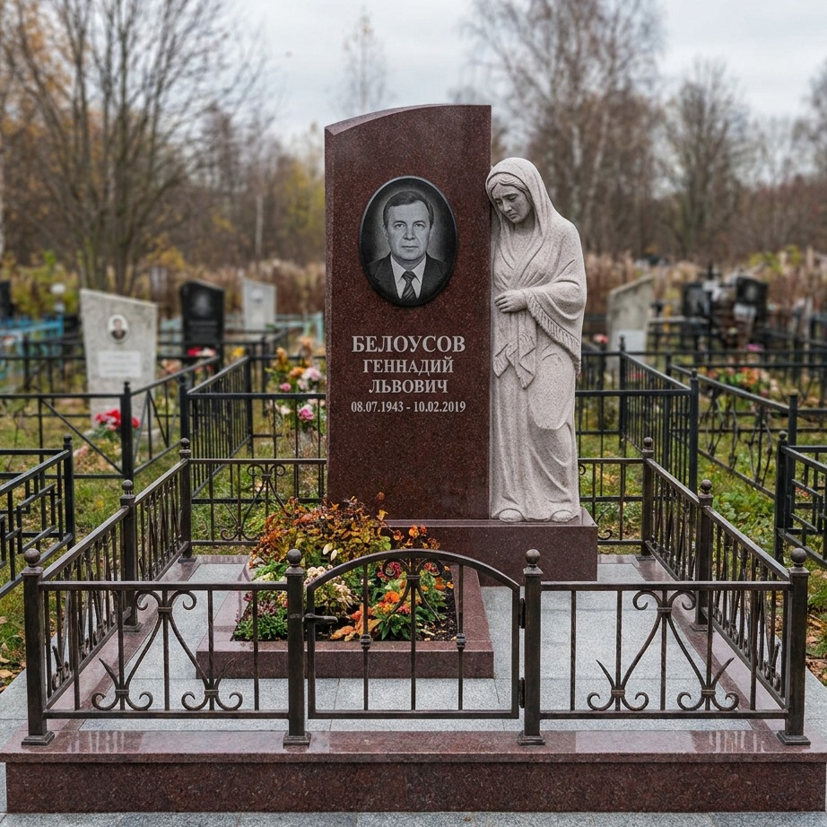Пример дизайна: Памятник со скульптурой скорбящей матери из красного гранита — фото и цена