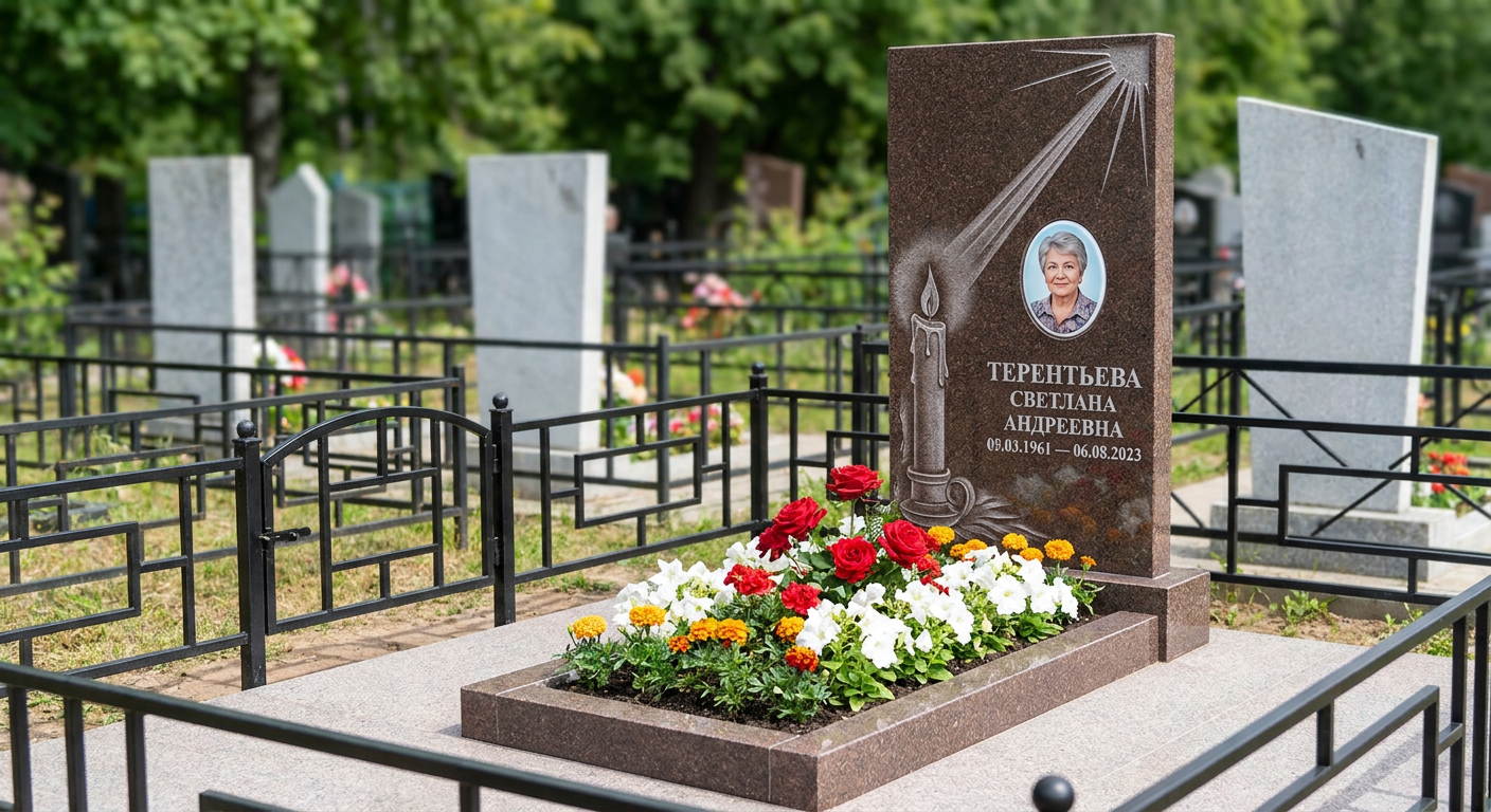Пример дизайна: Памятник с горящей свечой из дымовского гранита с лучом света