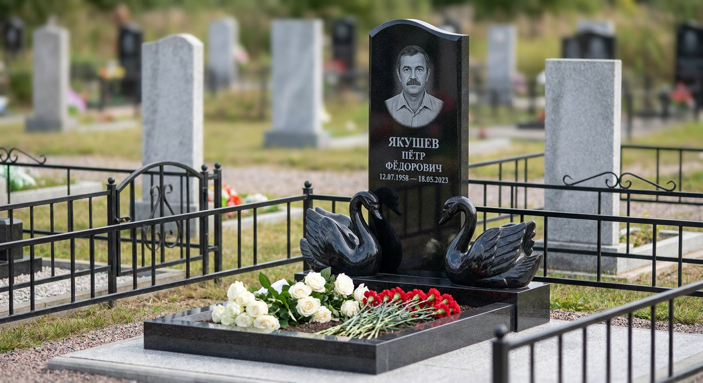 Пример дизайна: Памятник с парой лебедей из габбро-диабаза с портретом