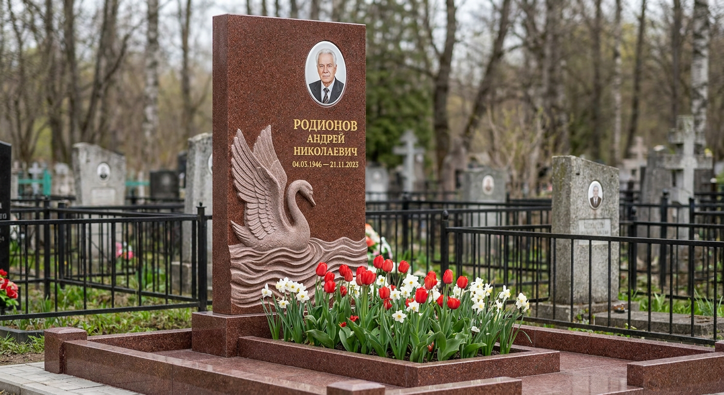 Пример дизайна: Памятник с лебедем из лезниковского гранита с глубокой фрезеровкой