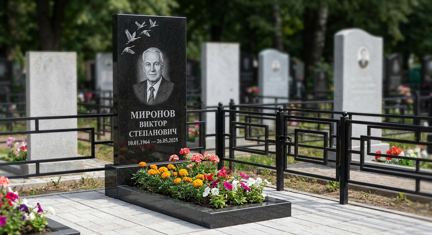 Пример дизайна: Памятник с клином журавлей из габбро-диабаза с портретом