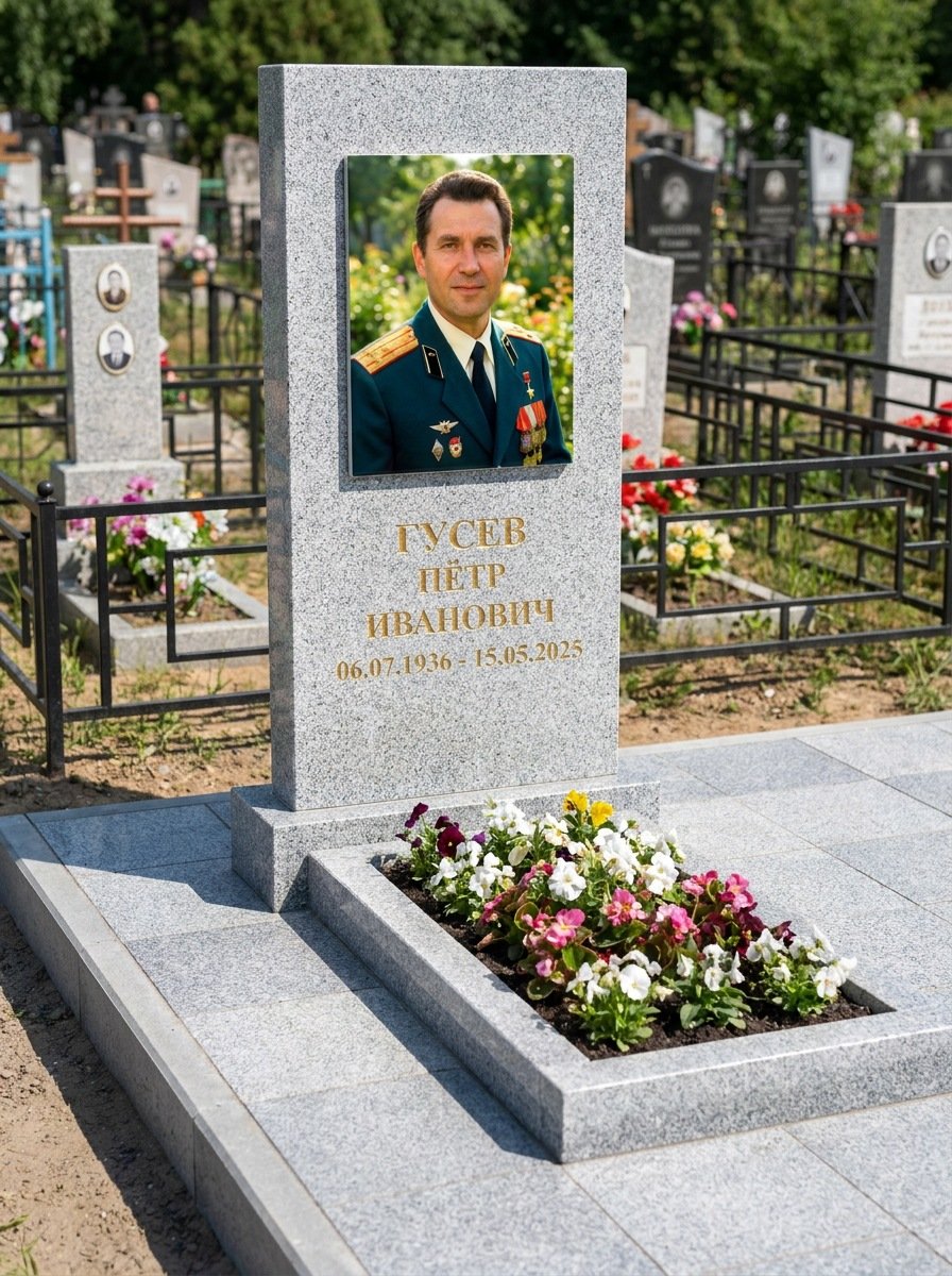 Портрет на памятнике в Набережных Челнах — Прямоугольник на гранитной стеле, ФИО и даты на портрете