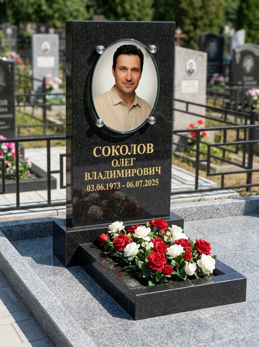 Портрет на памятнике в Набережных Челнах — Овал на стекле — на держателях над камнем